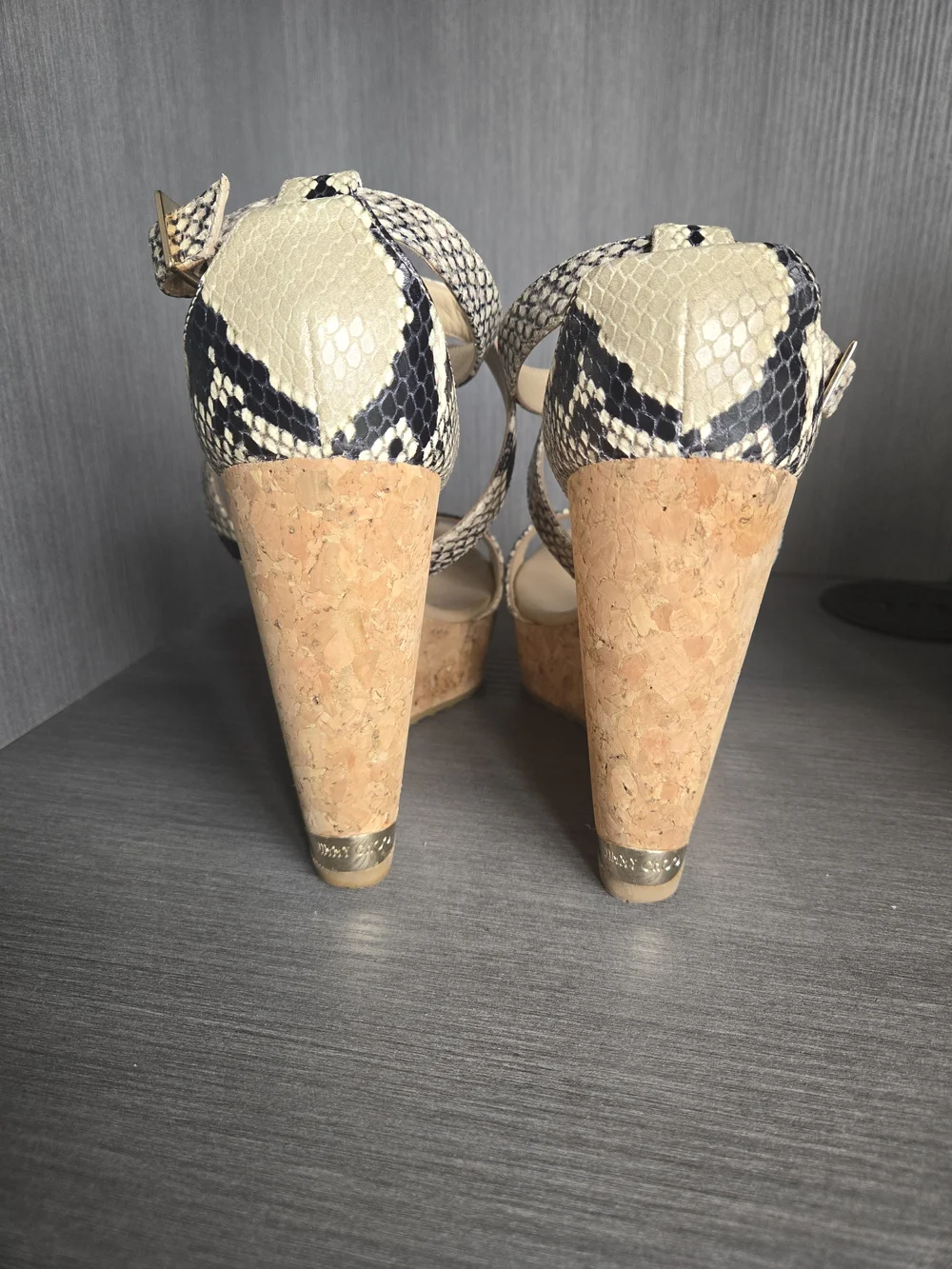 Jimmy Choo Snake-Print Cork Wedge Sandals in Black and Cream - Picture 3 of 5